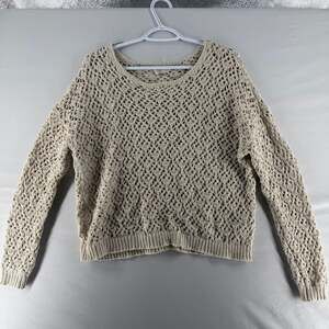 0907 Artelier by Nicole Miller Women's Beige Crochet Long Sleeve Open Knit Sweat